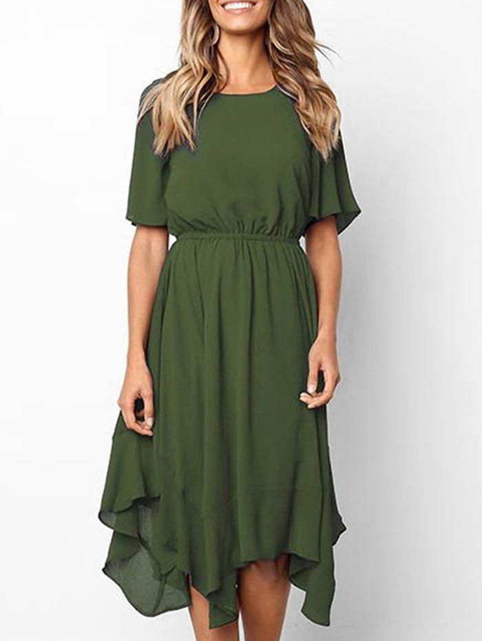 

Short Sleeve Asymmetrical Midi Dress, Army green