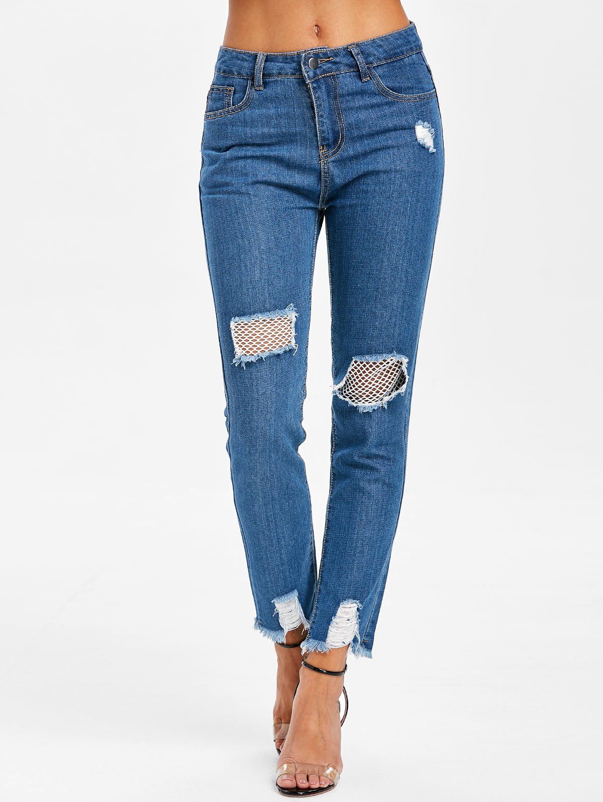 [39% OFF] Distressed Fishnet Panel Jeans | Rosegal