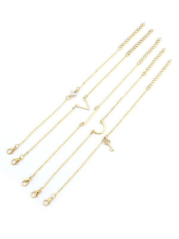 

5 Pcs Alloy Rhinestone Key Letter Bracelets Set, Gold