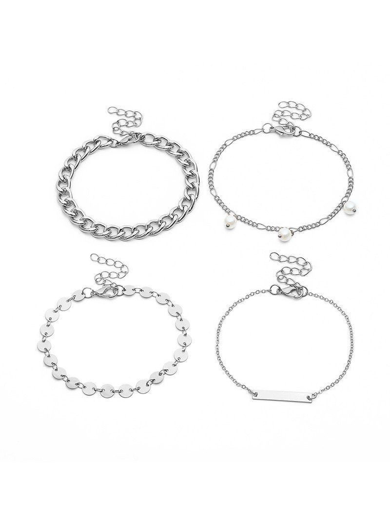 

4Pcs Metal Chain Pattern Pearl Bracelet, Silver