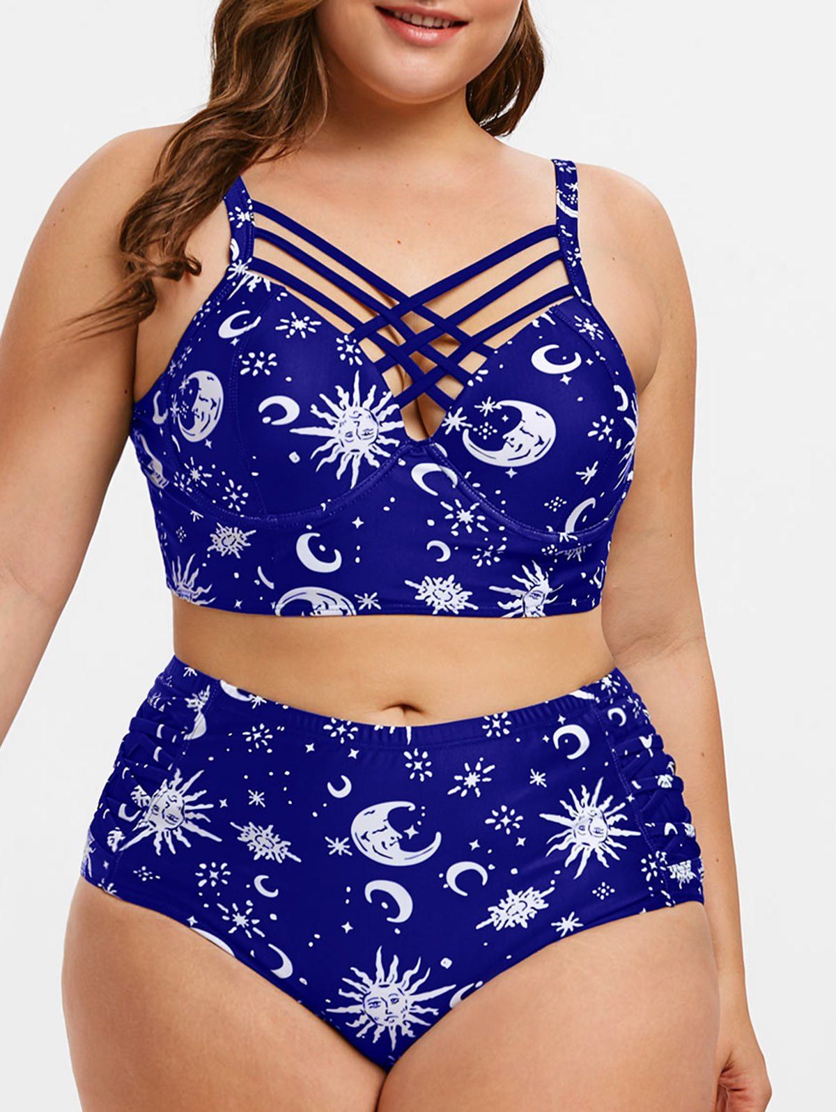 

Sun Moon Print Criss Cross Plus Size Bikini Set, Blue