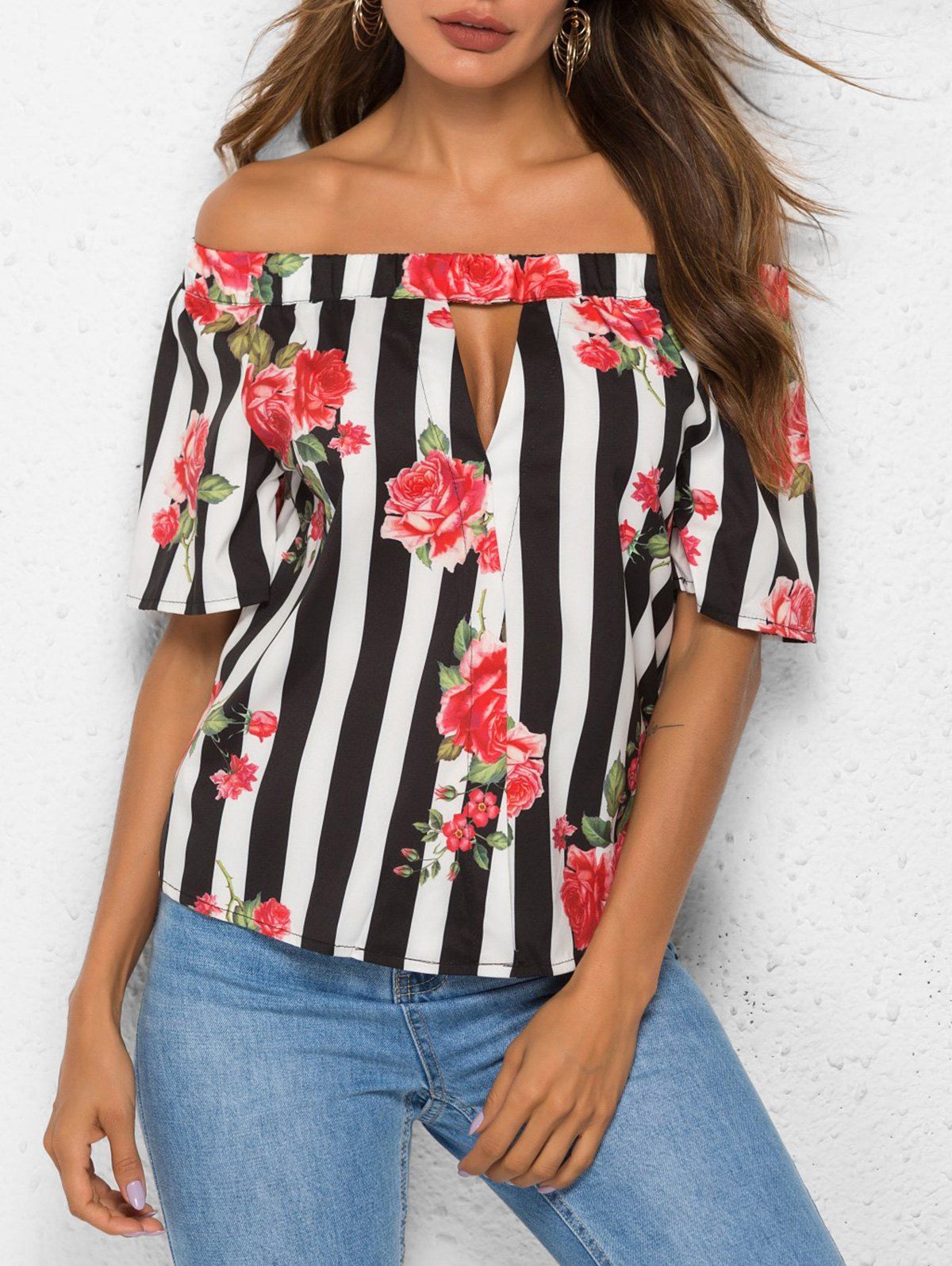 

Off Shoulder Striped Floral Keyhole Blouse, Multi-a