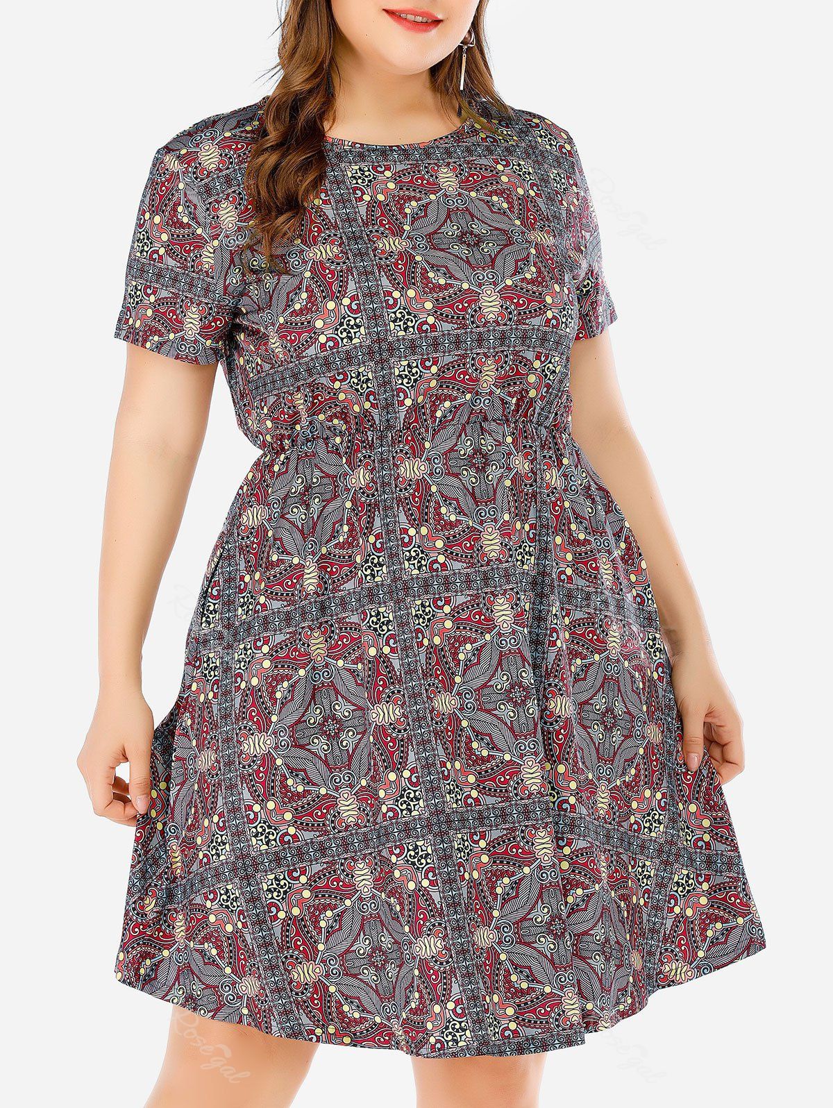 

Elastic Waist Printed A Line Plus Size Dress, Multi-b