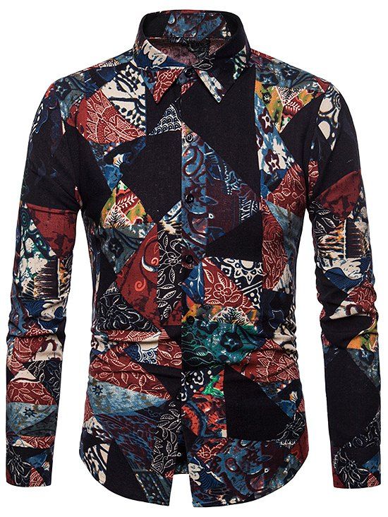 

Geometric Floral Tribal Print Casual Shirt, Black