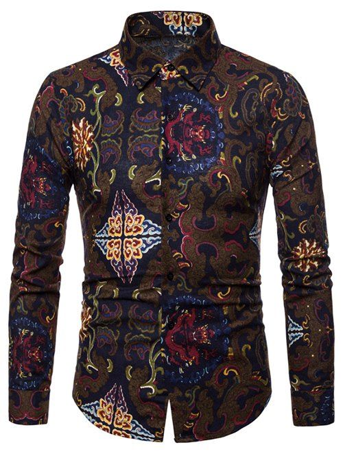 

Tribal Print Long Sleeves Casual Shirt, Coffee