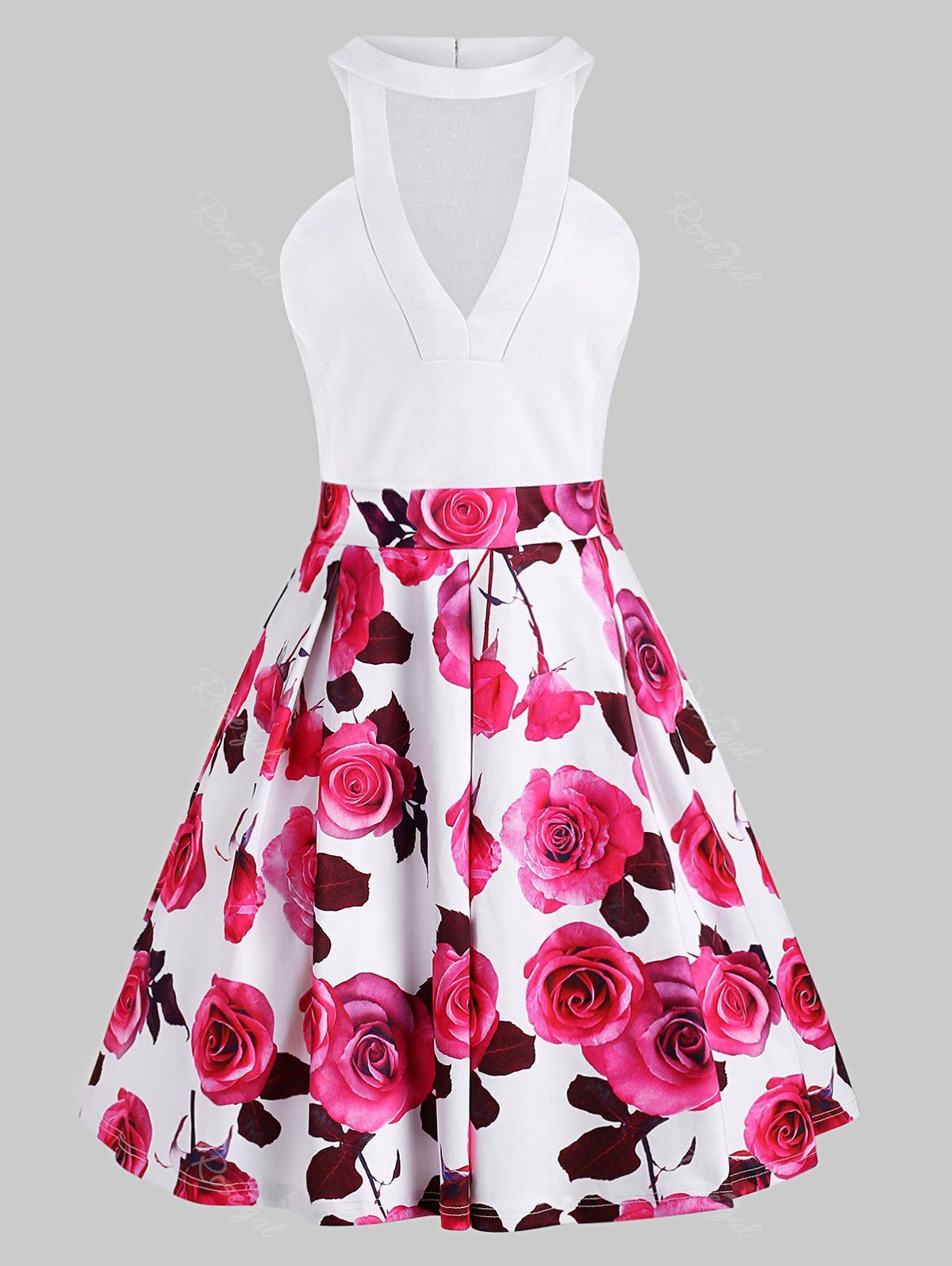 Keyhole Voile Panel Floral Plus Size Dress, White