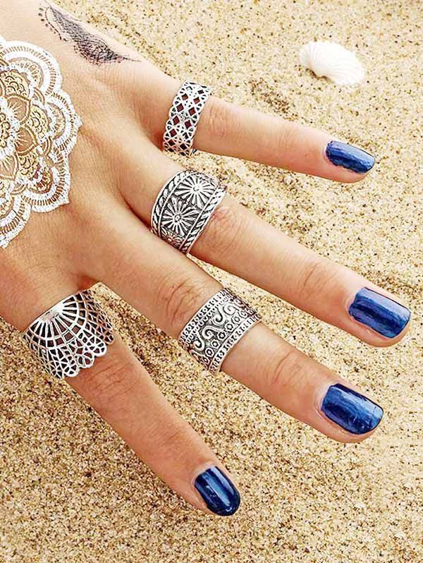 

4Pcs Hollow Carved Geometric Ring Set, Silver