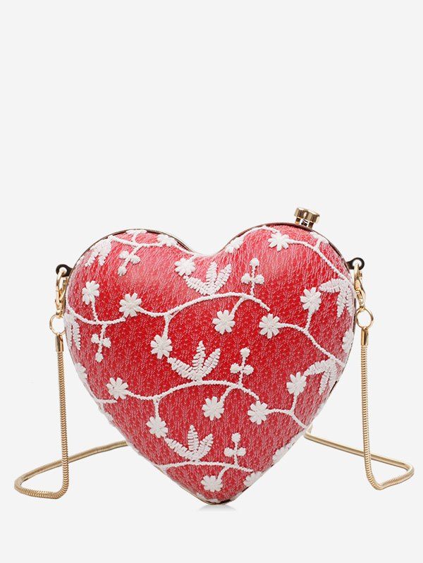 

Flower Pattern Chain Heart Crossbody Bag, Red
