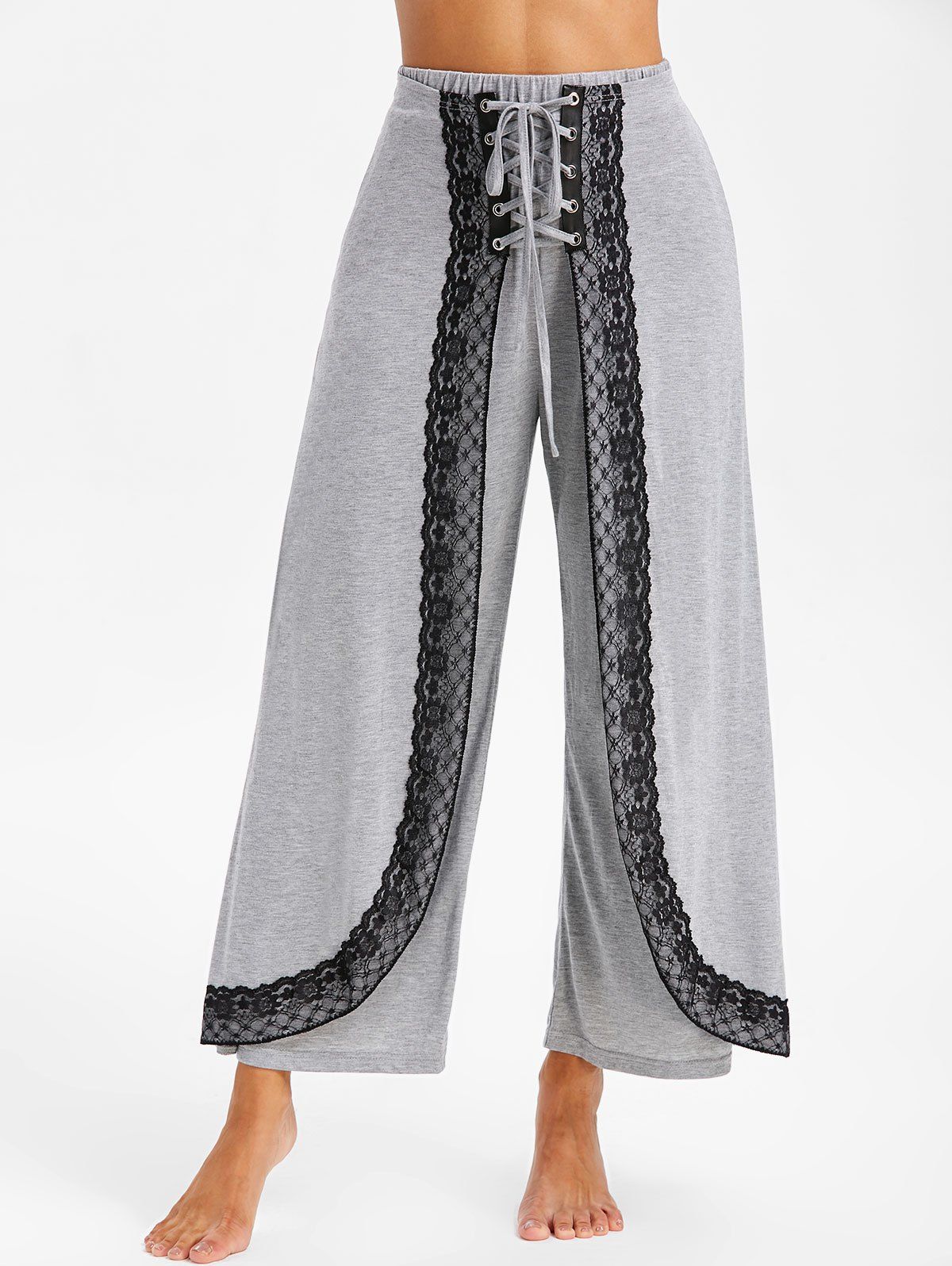 

Lace Up Overlay Wide Leg Pants, Gray