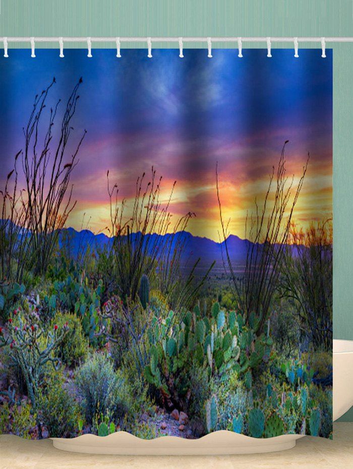 

Sunset Mountain Cactus Print Waterproof Bathroom Shower Curtain, Multi