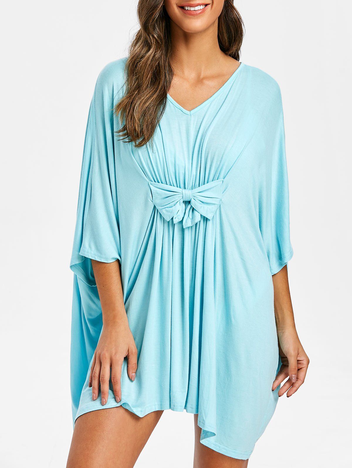 

V Neck Bowknot Poncho Cover Up Dress, Celeste