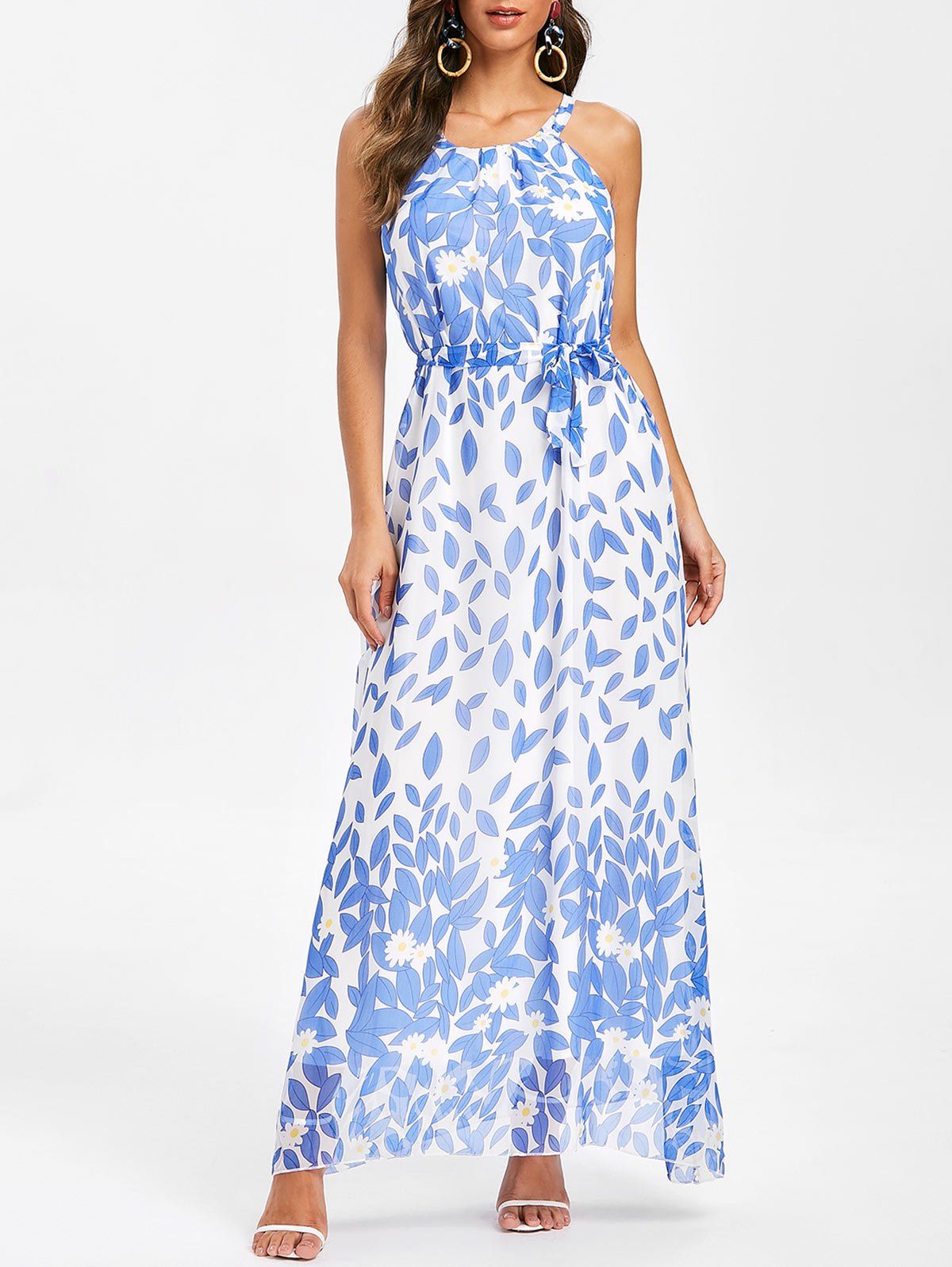 

Floral Print Belted Sleeveless Maxi Dress, Day sky blue