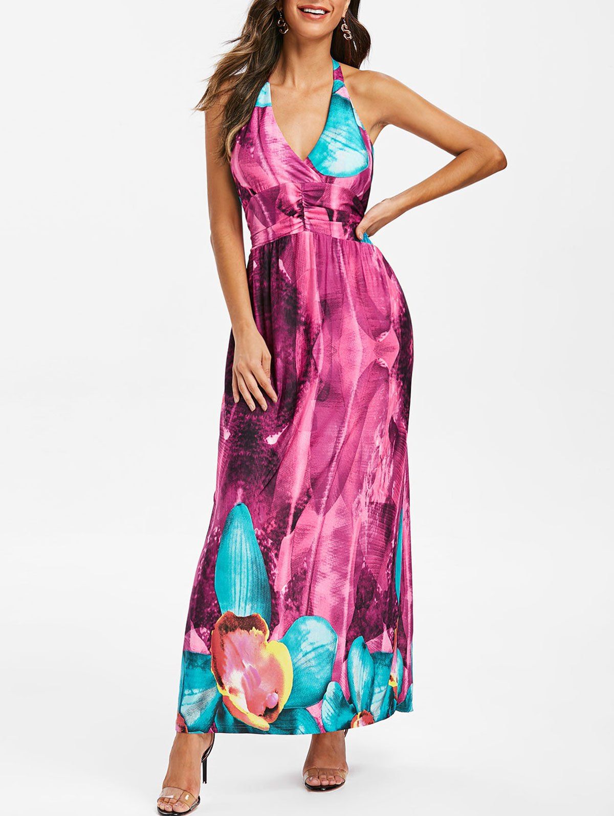 

Floral Print Halter Neck Maxi Dress, Multi