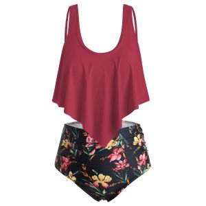 

Flounce Floral Ruched Plus Size Bikini Set, Red wine