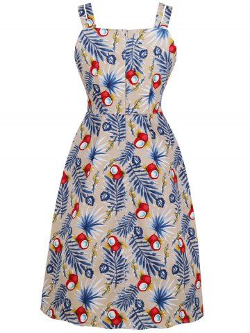 

Leaf Print Tied Waist A Line Dress, Light khaki