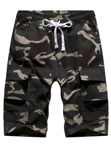 

Camouflage Print Elastic Multi-pocket Shorts, Black