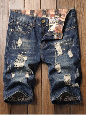 

Destroy Wash Patchwork Denim Shorts, Denim blue