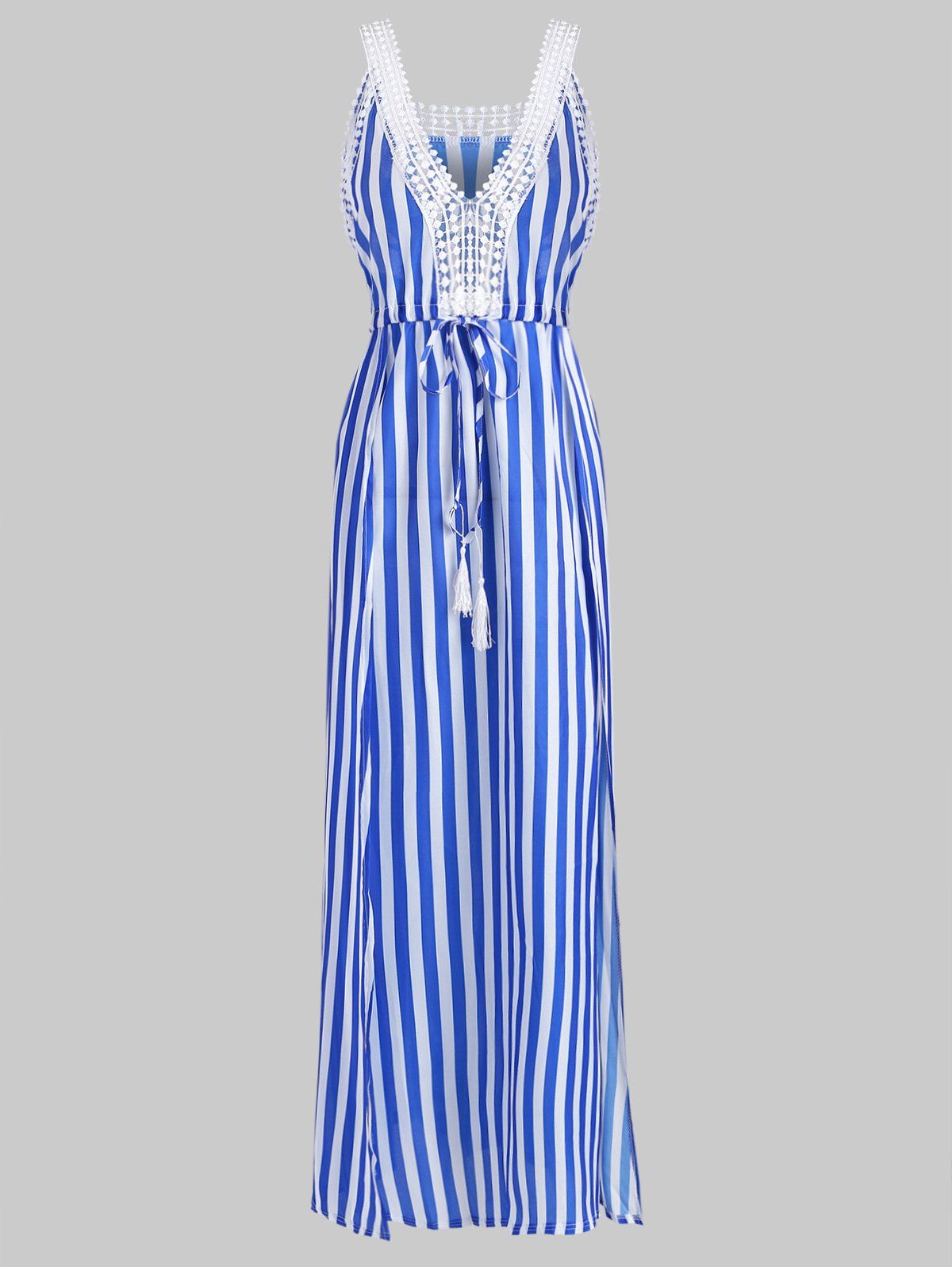 

Striped Plunge Drawstring Slit Long Dress, Blue