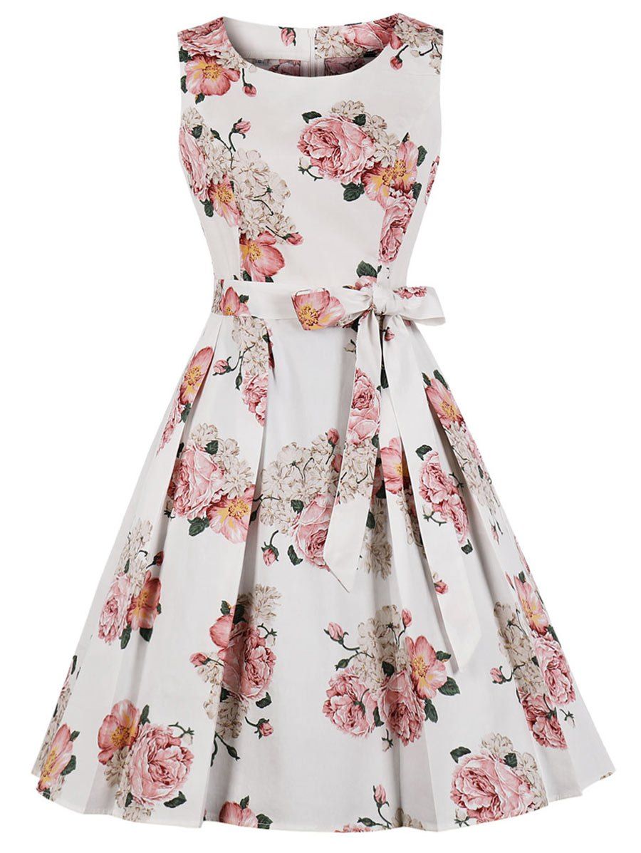 Belted Flower Retro A Line Dress, White
