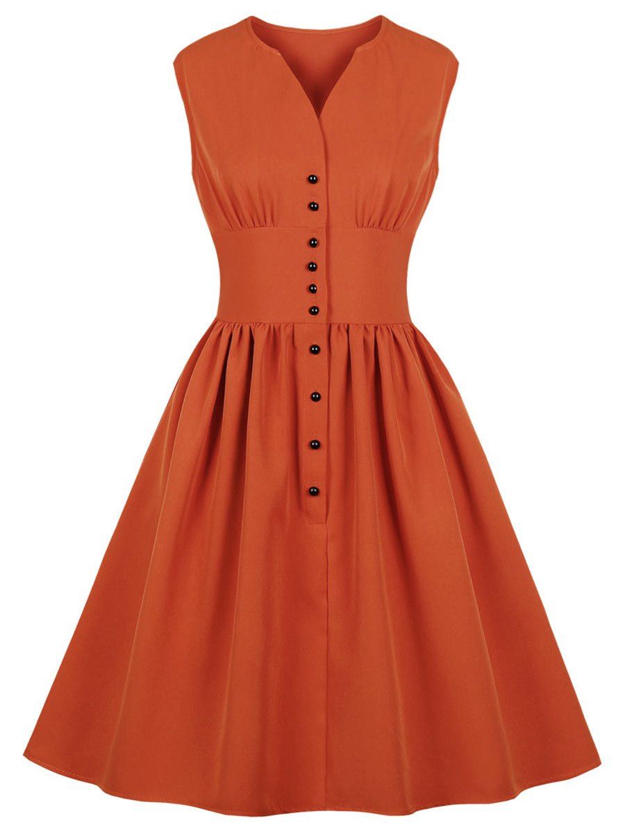 

V Neck Buttoned A Line Dress, Bright orange