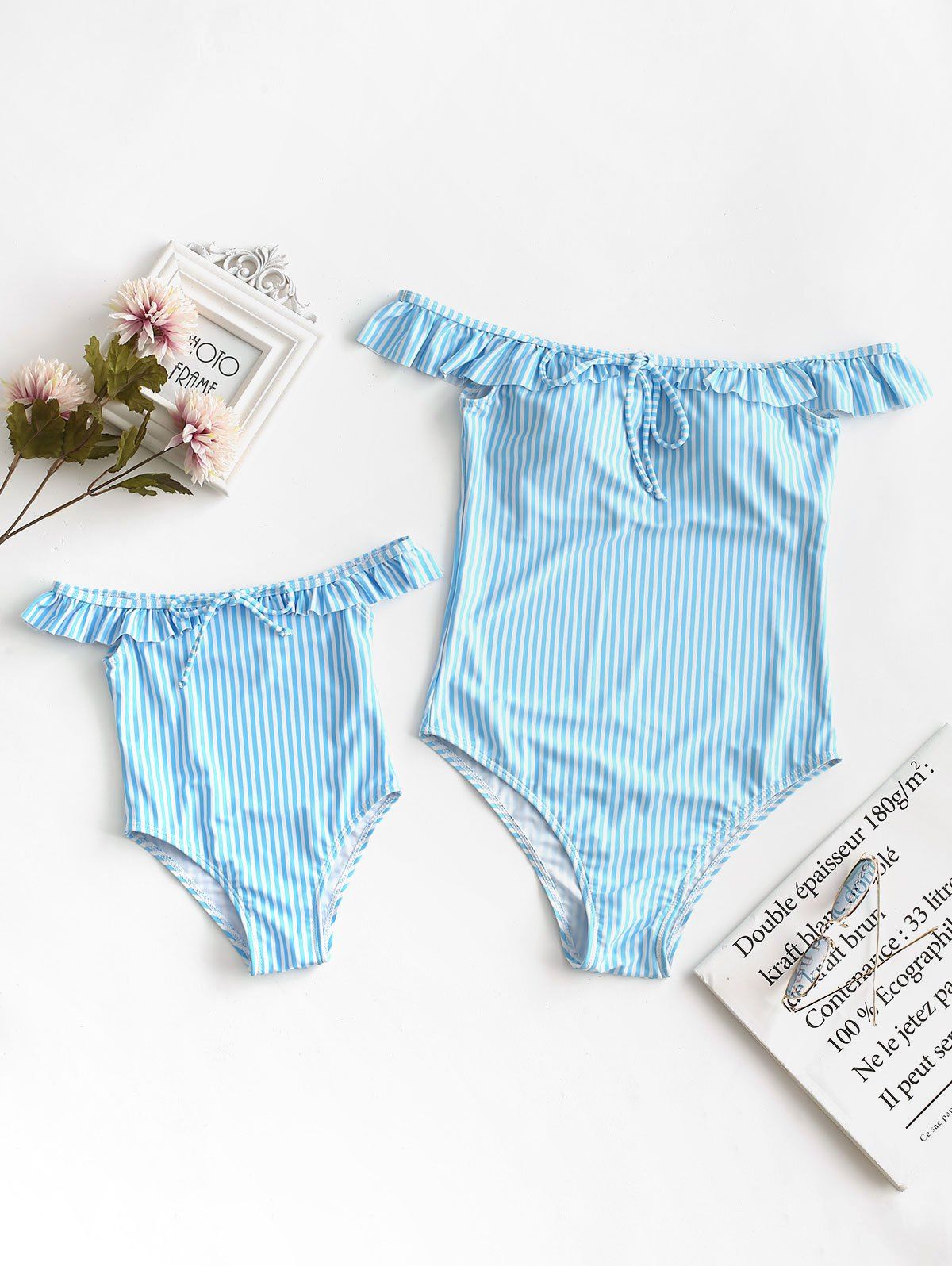 

Ruffle Striped Tie Family Swimsuit, Day sky blue