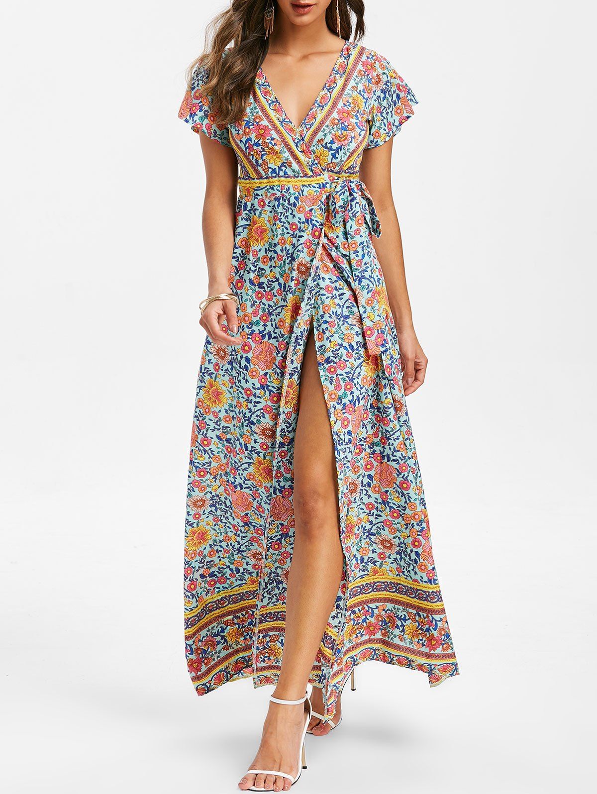 

Plunging Flower Maxi Dress, Macaw blue green