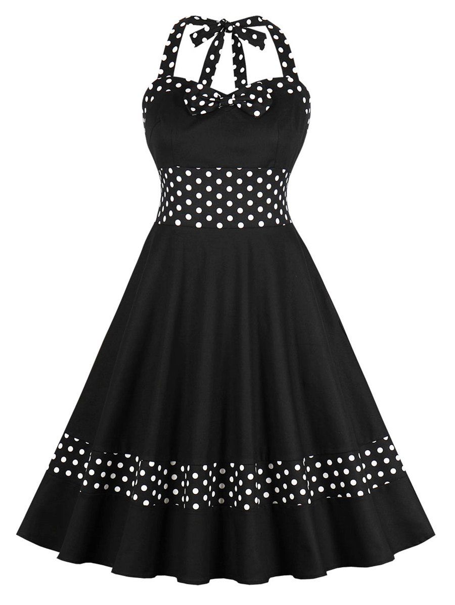 

Halter Polka Dot Bowknot A Line Dress, Black