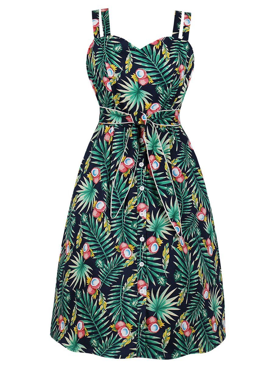 

Tropical Leaf Tied Waist Casual Dress, Deep green