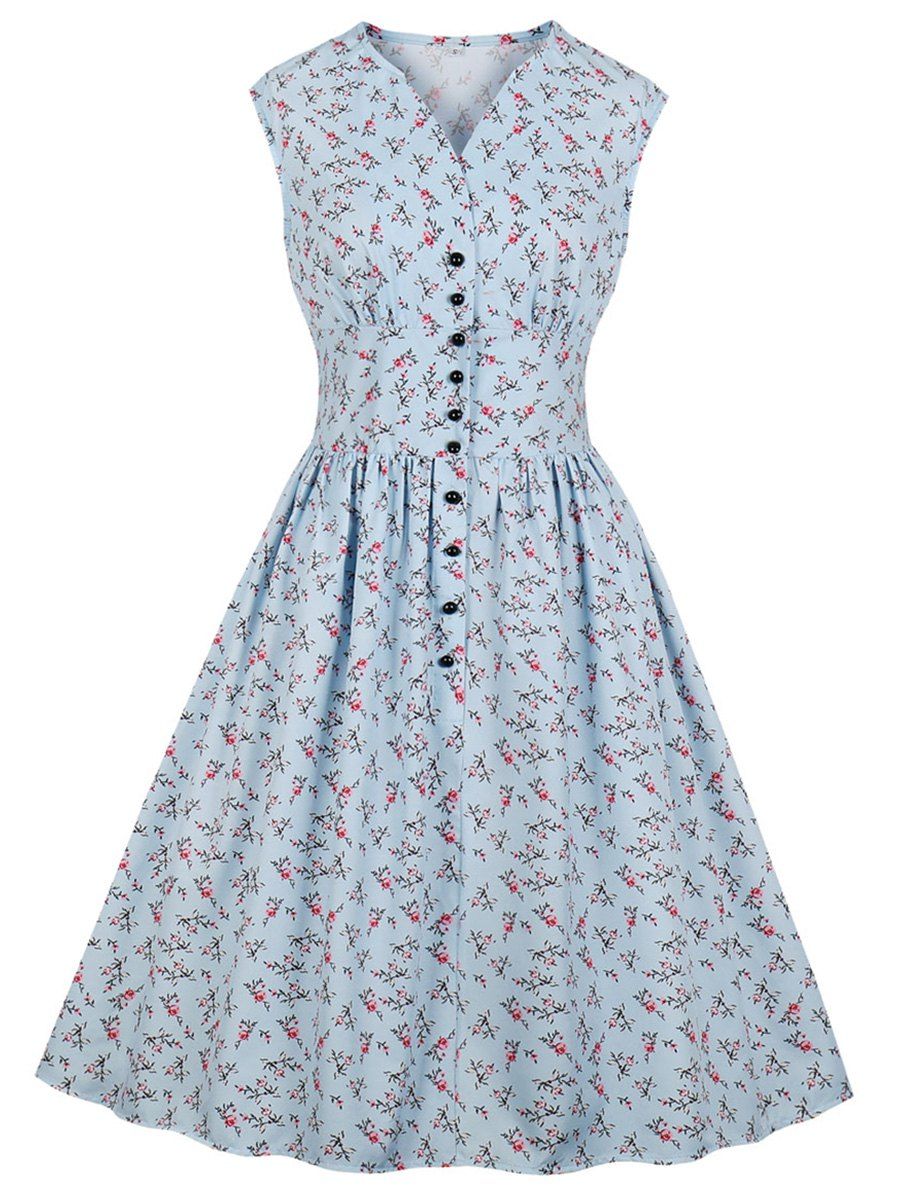 

V Neck Floral Buttoned A Line Dress, Baby blue
