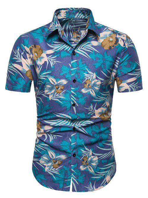 

Flower Leaf Print Hawaiian Shirt, Sky blue