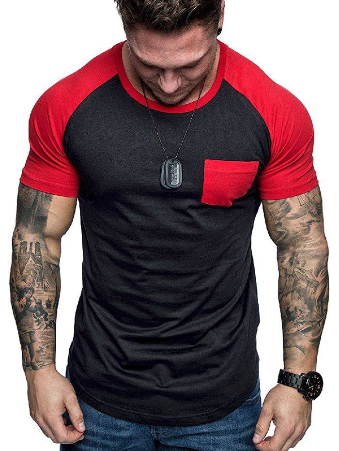 

Raglan Sleeve Contrast Pockets T Shirt, Multi-b
