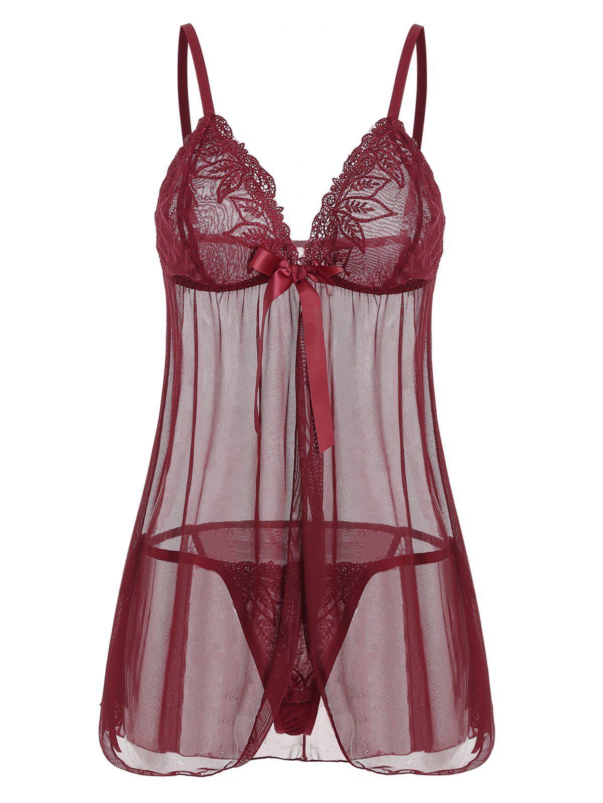 

Bowknot Lace Panel Cami Babydoll, Red wine