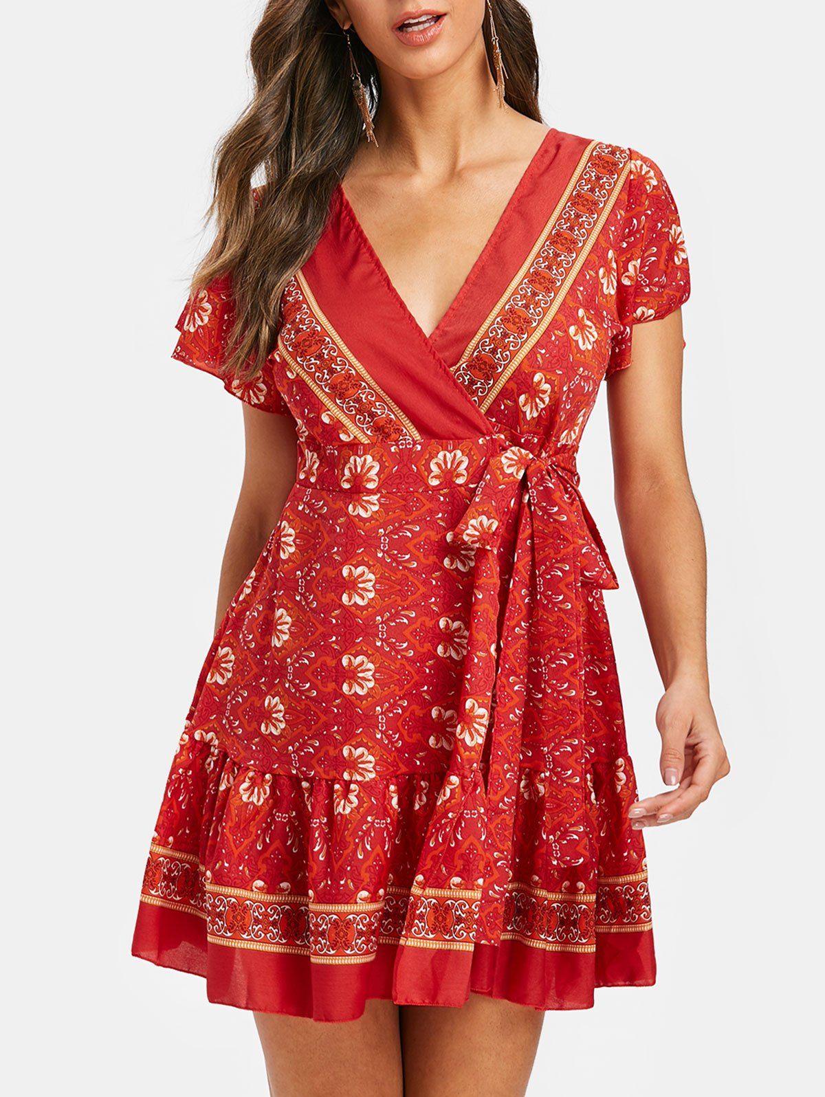 

Bohemian Flower Mini Wrap Dress, Red