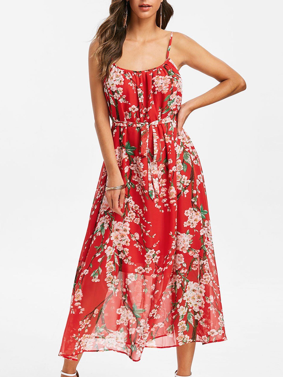 Chiffon Floral Cami Flowy Dress, Red