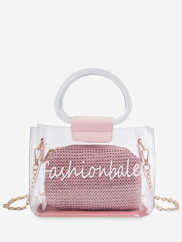 

Letter Print Transparent Chain Tote Bag, Pink