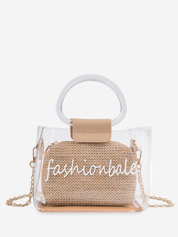 

Letter Print Transparent Chain Tote Bag, Khaki