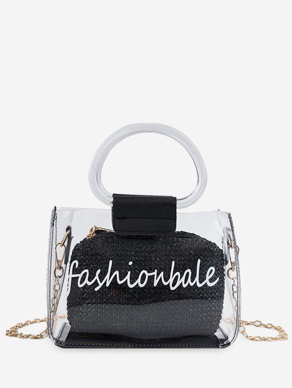 

Letter Print Transparent Chain Tote Bag, Black