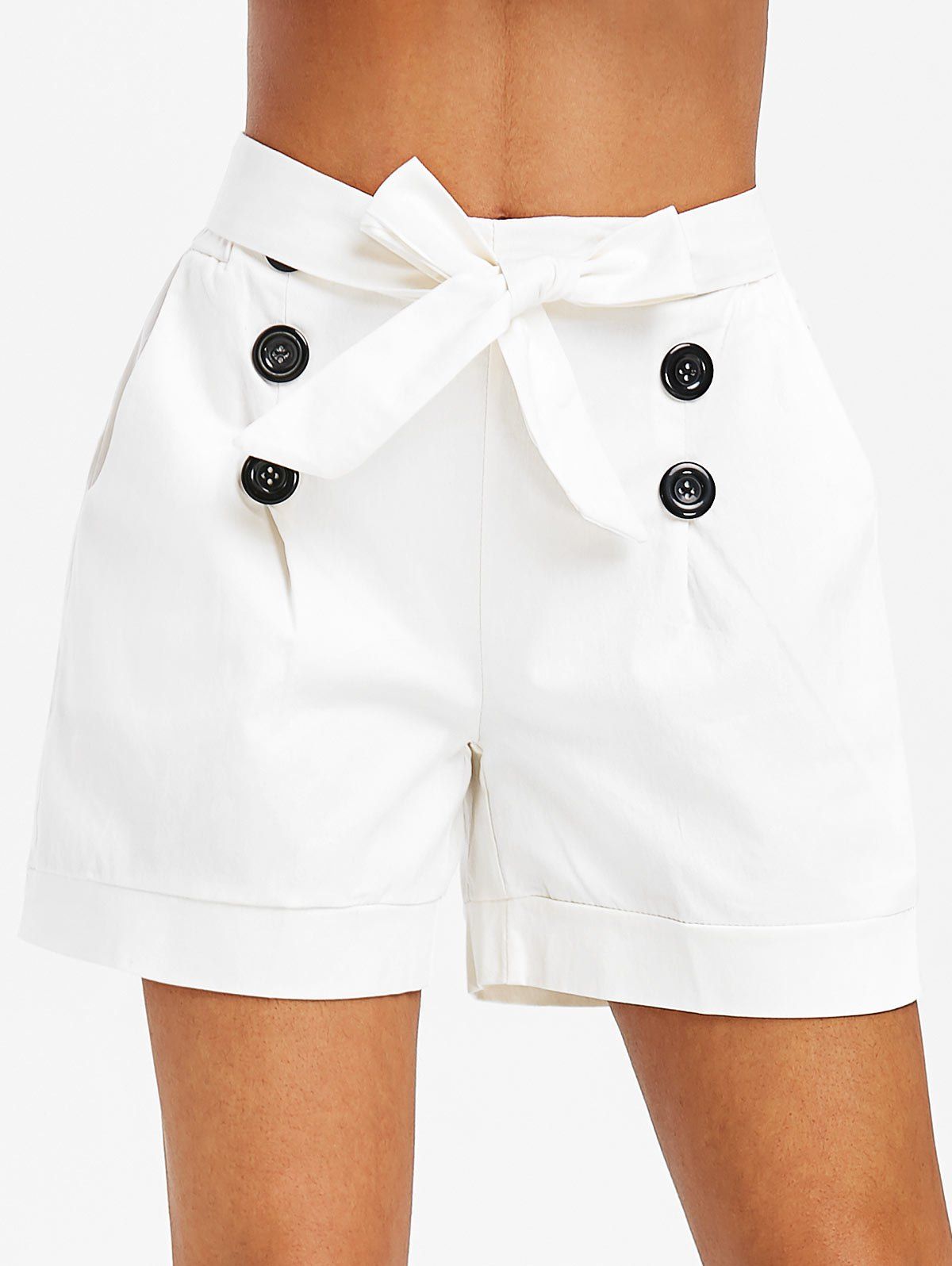 

Button Embellished Belted Pocket Shorts, White
