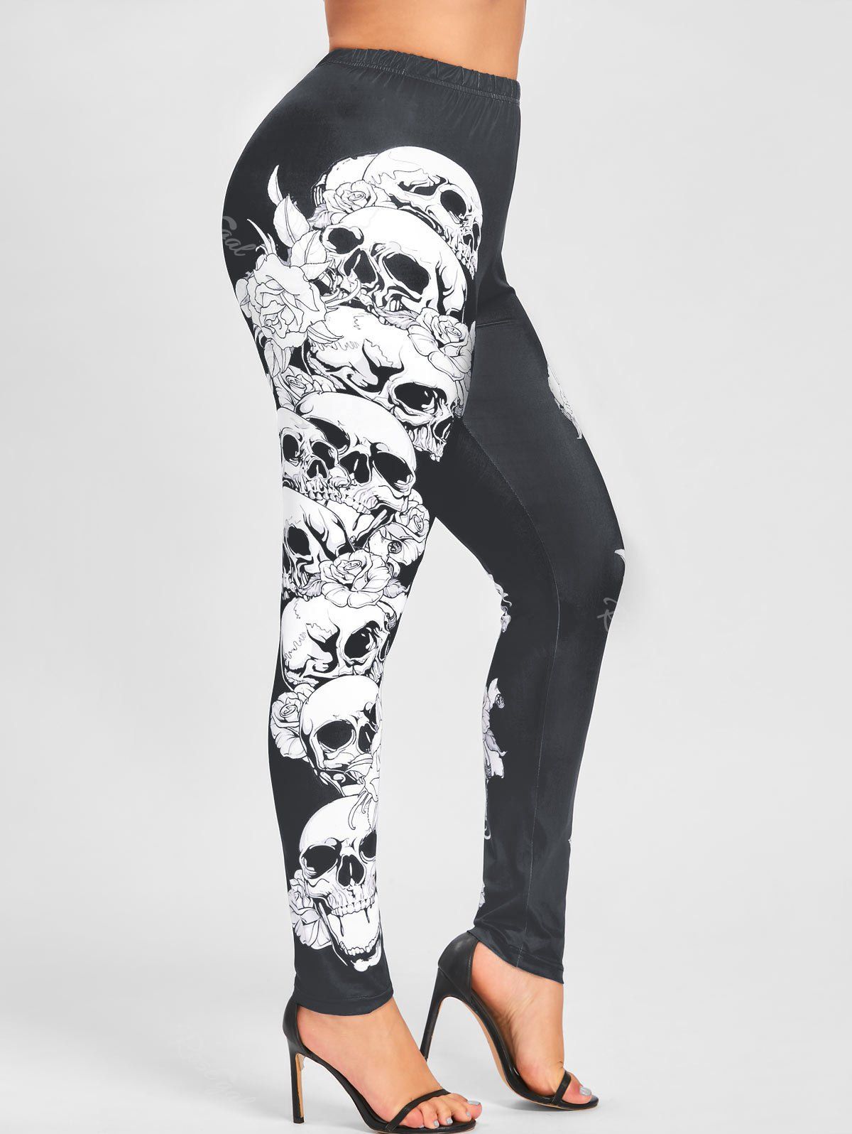 

Halloween Plus Size Skulls Monochrome Leggings, Dark gray