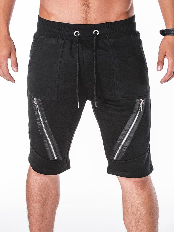 Zipper Design Drawstring Shorts, Black