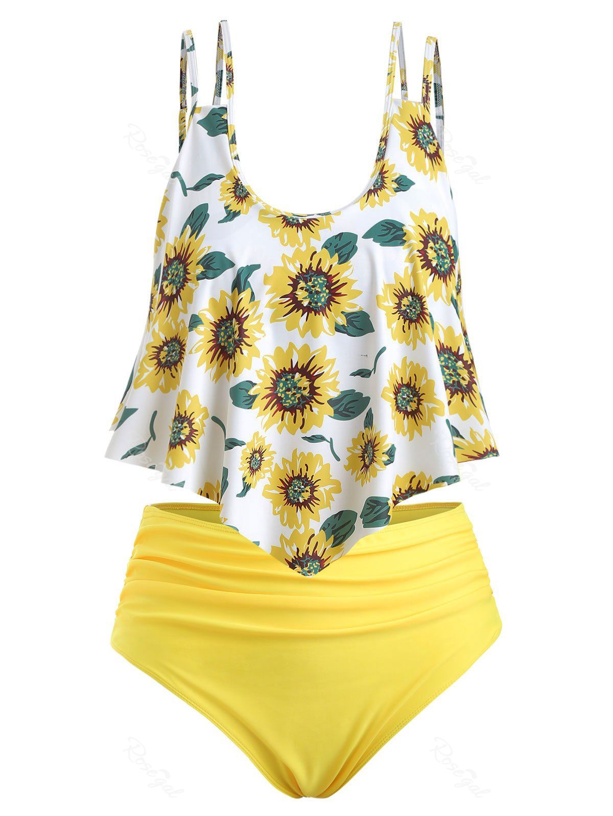 

Contrast Overlay Sunflower Plus Size Tankini Set, White