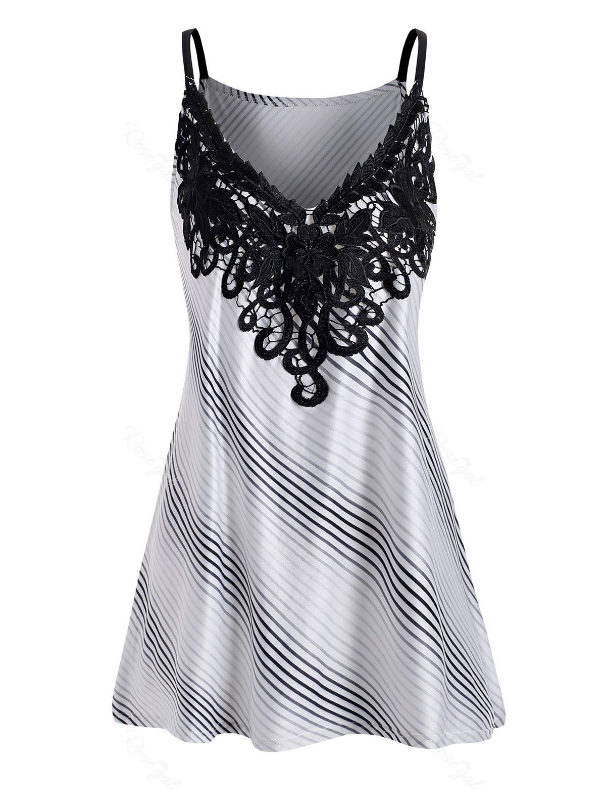 

Plus Size Lace Panel Striped Cami Top, Black