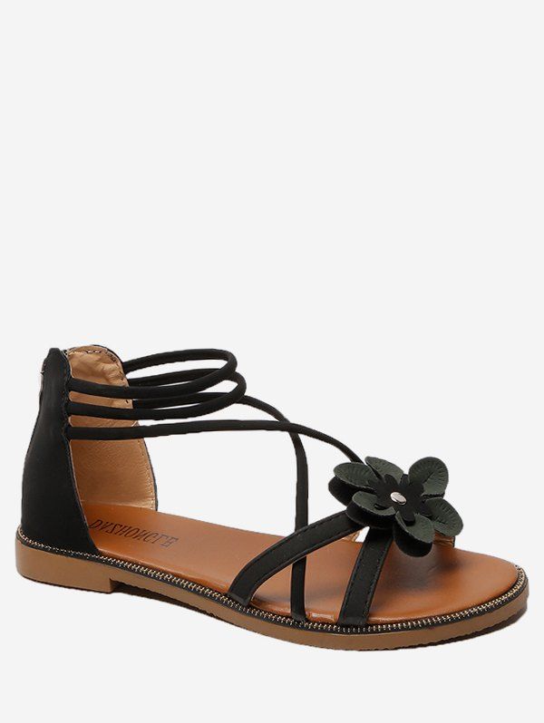 

Flower Decor Cross Strap Flat Sandals, Black