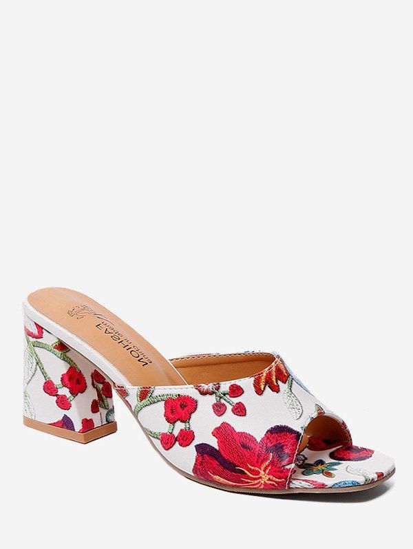 

Floral Print Chunky Heel Slides, Milk white