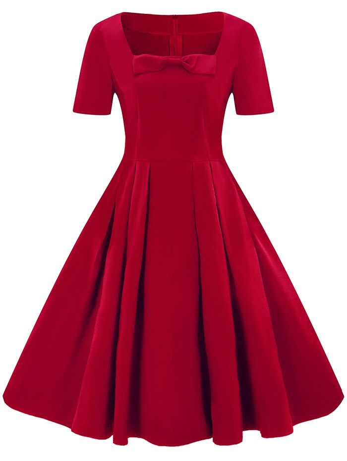 

Square Neck Vintage Bowknot Dress, Red wine