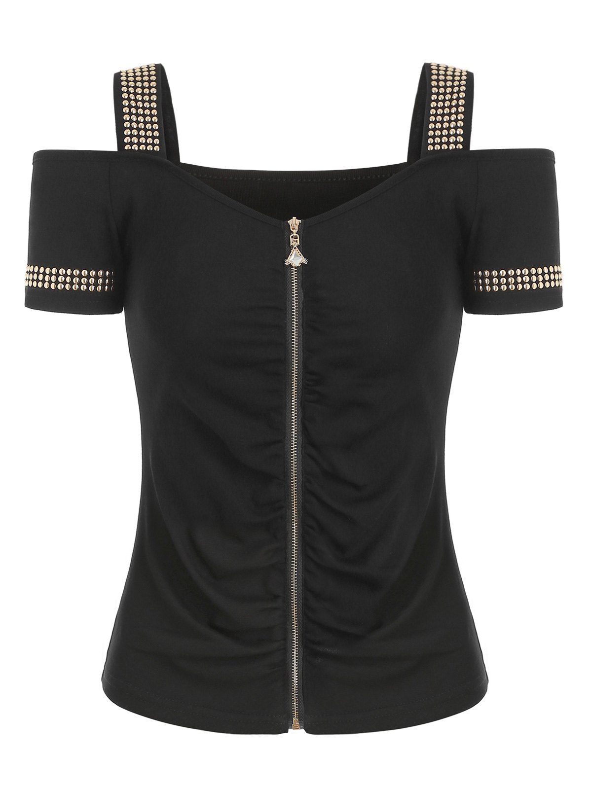 

Rivet Embellished Cold Shoulder Zip Front Tee, Black