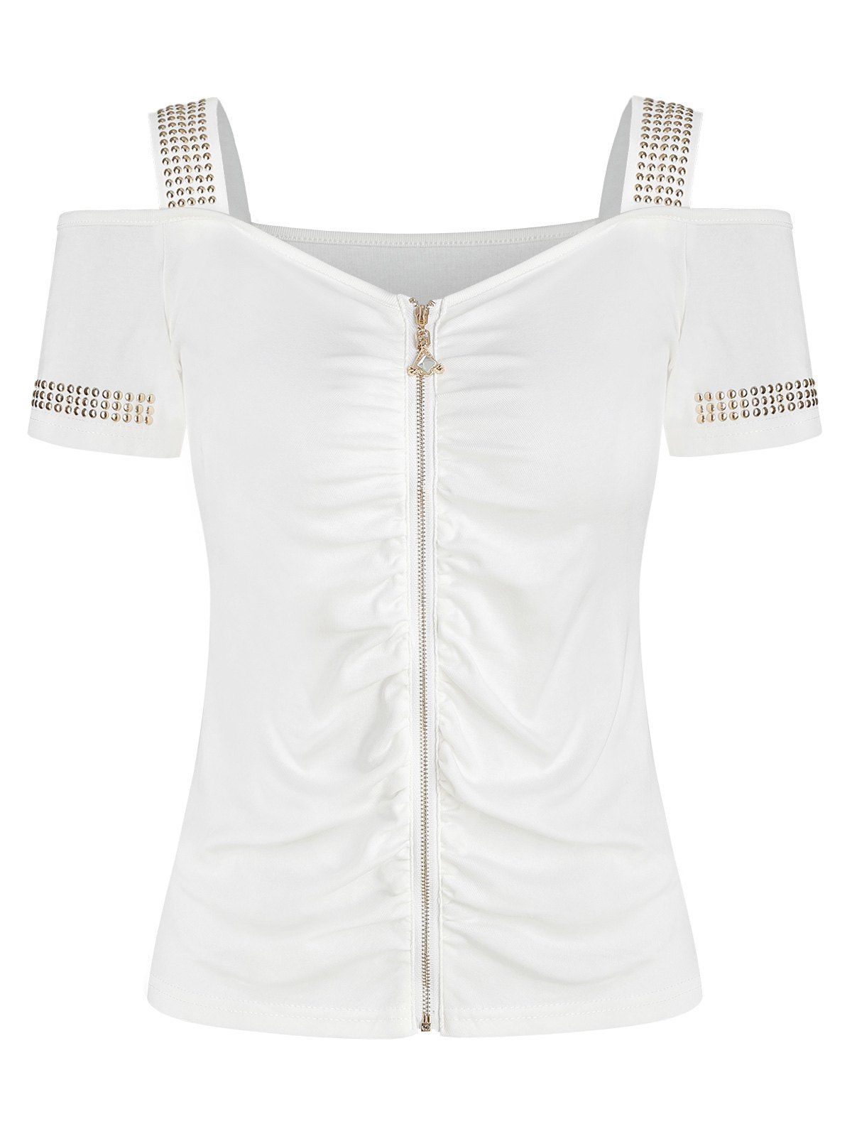 

Rivet Embellished Cold Shoulder Zip Front Tee, White