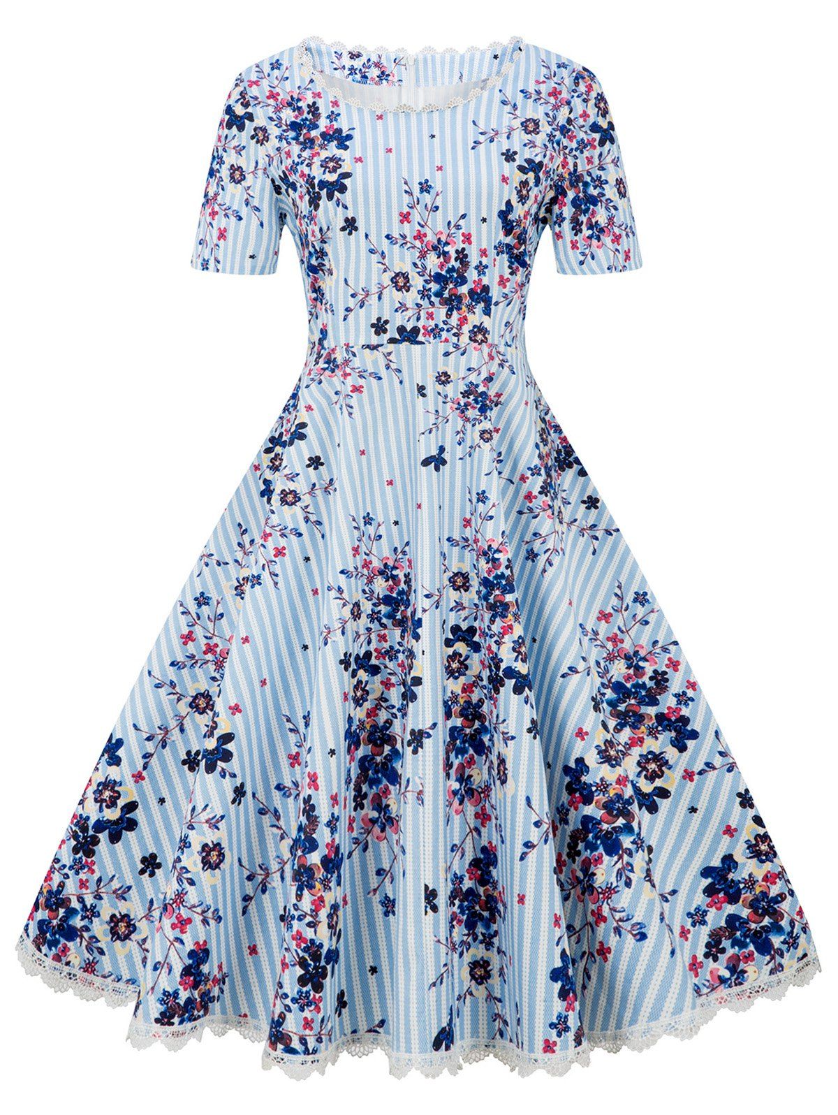 

Short Sleeves Floral Print Striped Flare Dress, Light blue