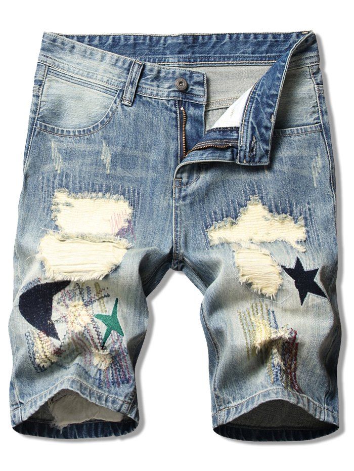 

Moon Star Patchwork Ripped Jean Shorts, Denim blue