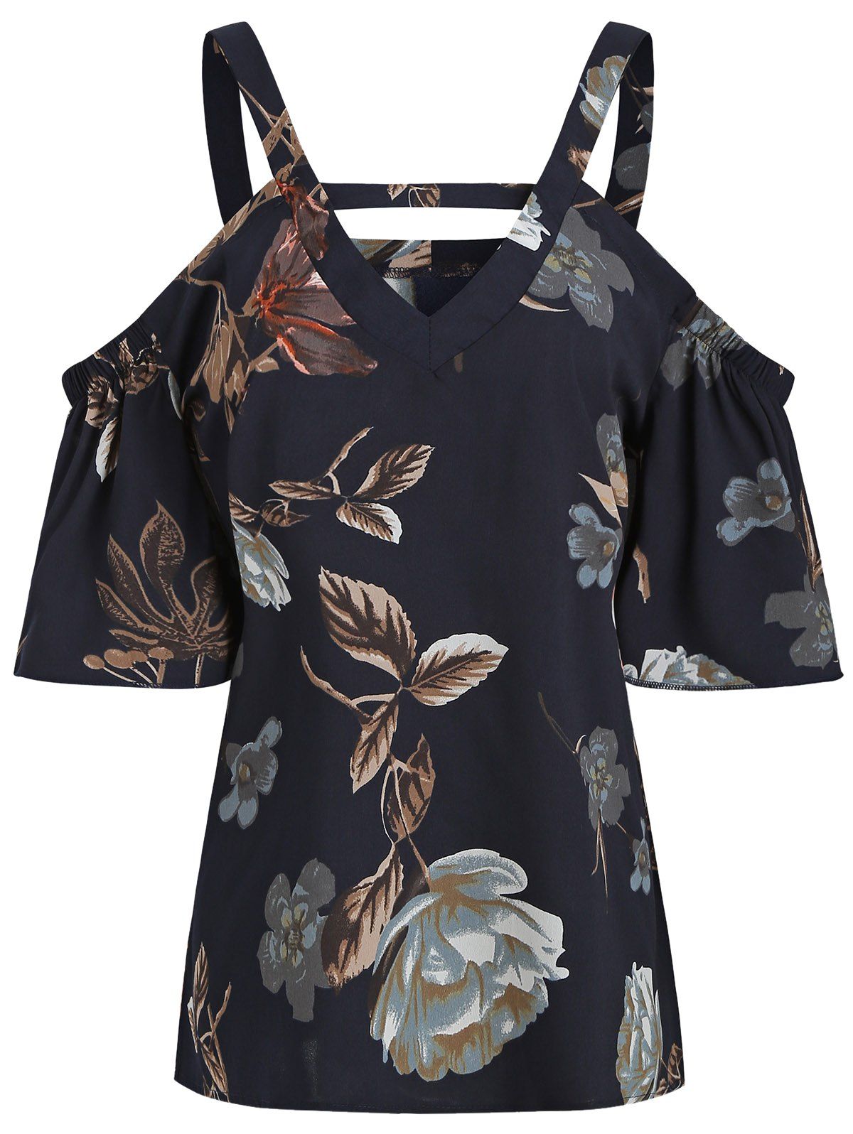 

Floral Print Cut Out Loose Blouse, Navy blue